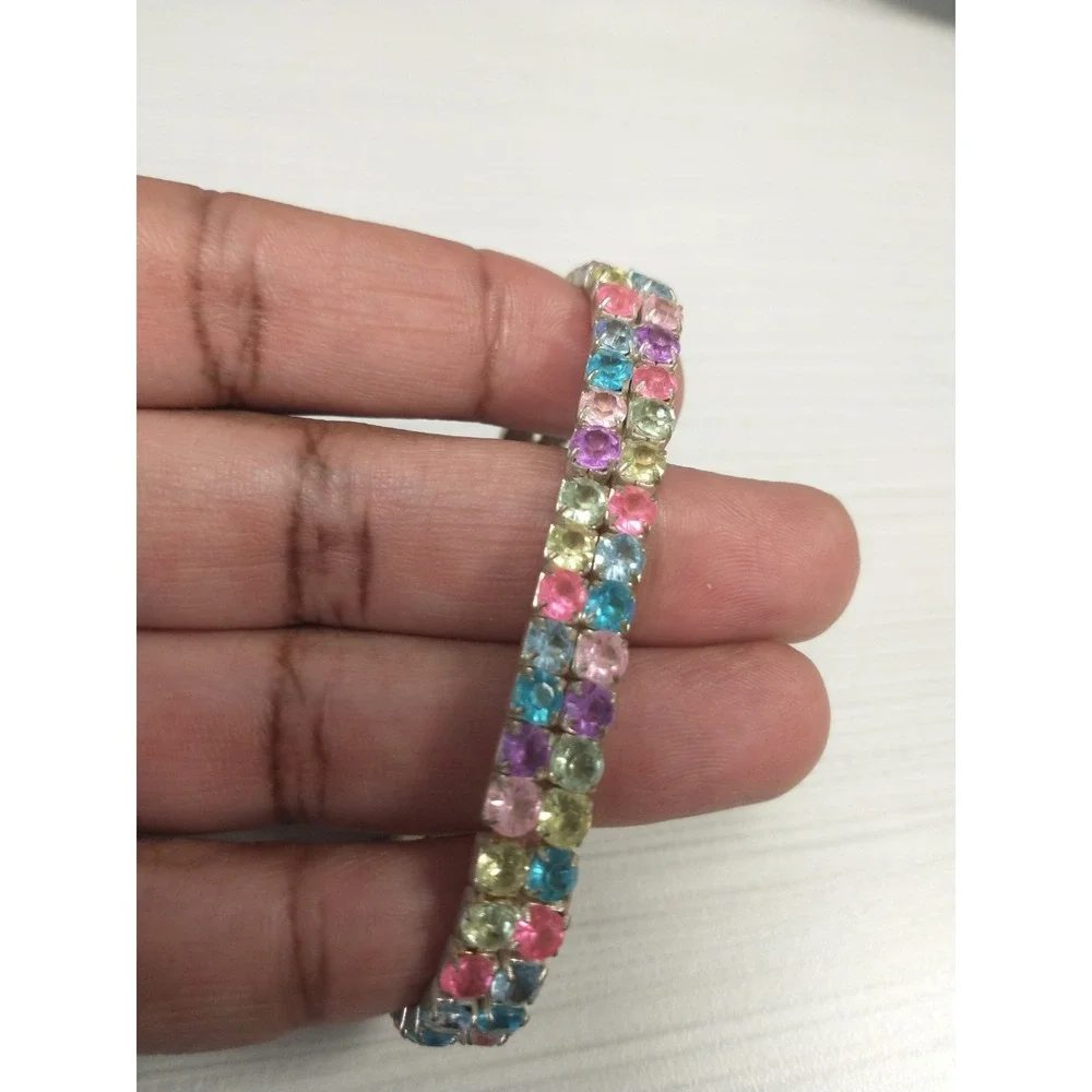 Vintage Colorful Rhinestone Silver Tone Stretch Tennis Bracelet Rainbow Band